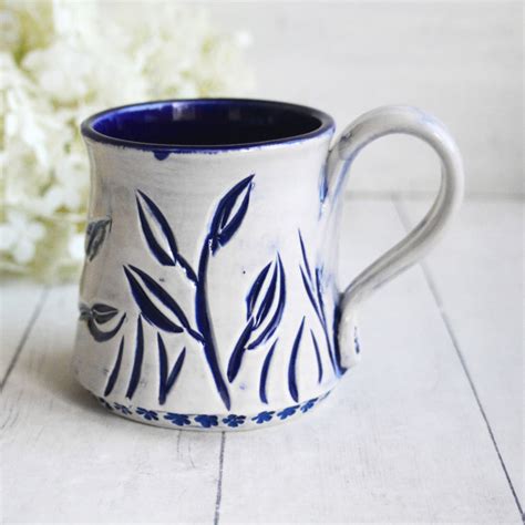 Andover Pottery — Hand Carved Dark Blue Stoneware Mug Hand Carved