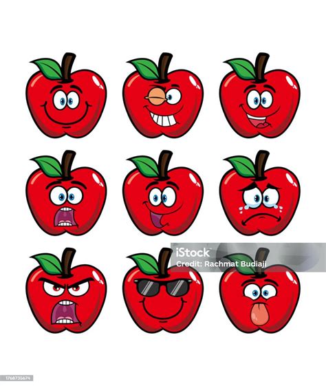 Set Collection Smiling Apple Cartoon Mascot Character Vector Illustration Isolated On White