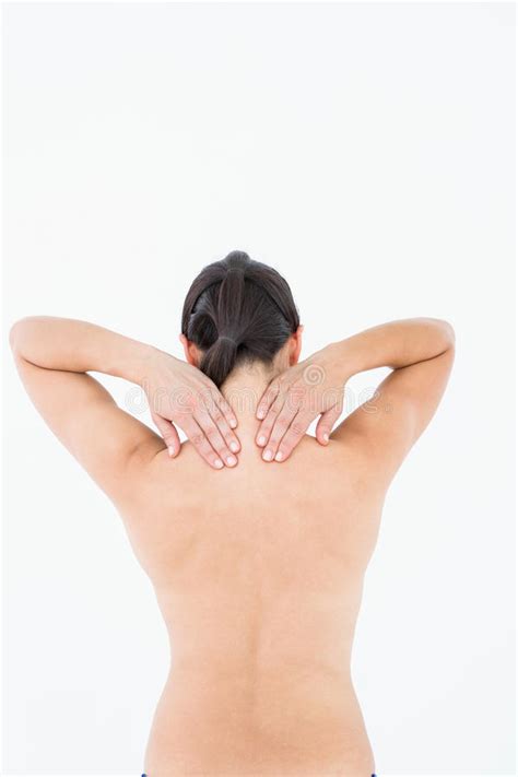 Brunette Touching Her Painful Neck Stock Photo Image Of Discomfort