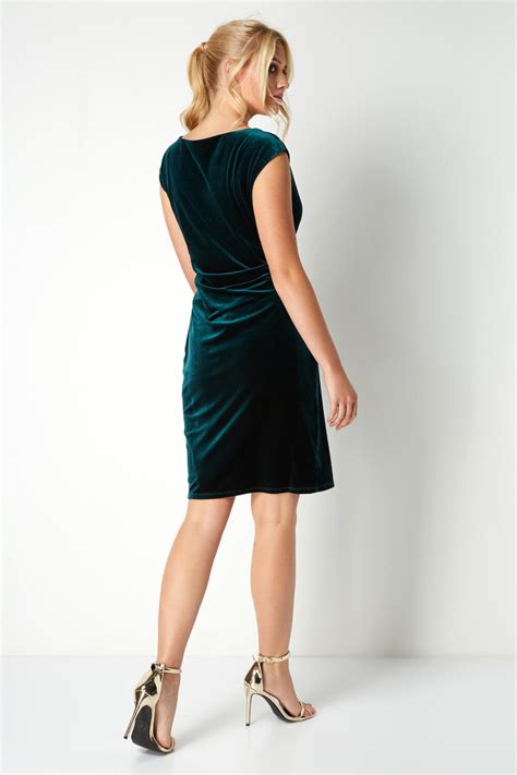 Cowl Neck Velvet Dress In Green Roman Originals Uk