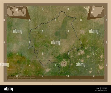 Oyo, state of Nigeria. Low resolution satellite map. Corner auxiliary ...