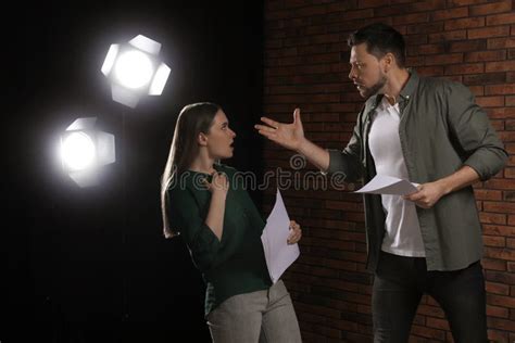 Professional Actors Rehearsing On Stage In Theatre Stock Photo Image