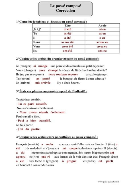 Passé composé Cm2 Exercices corrigés Conjugaison Cycle 3 Pass