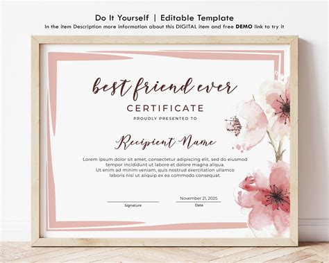 Editable Best Friend Forever Certificate Template Personalized T