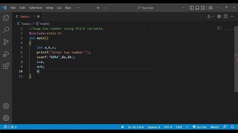 C Program Swap Two Number Using Third Variable Youtube