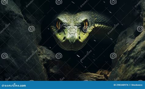 Hyper Realistic Sci Fi Snake Peering From Rock Wall Stock Illustration