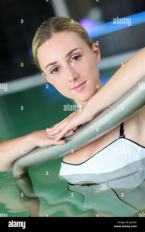 Beautiful Blond Woman Relaxing In Spa Pool Stock Photo Alamy