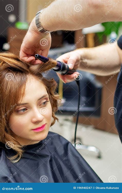 Hairdresser Curling Long Light Brown Hair Stock Image Image Of