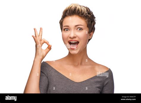 Beautiful Young Woman Showing Ok Sign Stock Photo Alamy