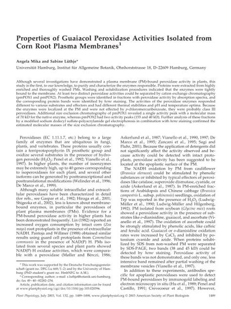 Properties Of Guaiacol Peroxidase Activities Plant Physiology