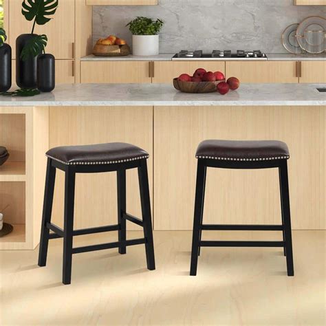 Costway 26 In Brown Wood Bar Stool Counter Height Saddle Stools With