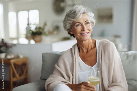 Smiling Middle Aged Russian Woman Sitting On Sofa At Home Single Mature Senior In Living Room