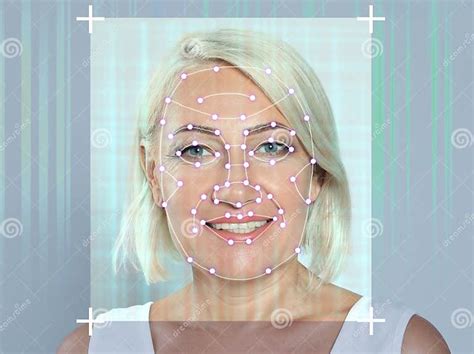 Facial Recognition System Woman With Digital Biometric Grid Frame On