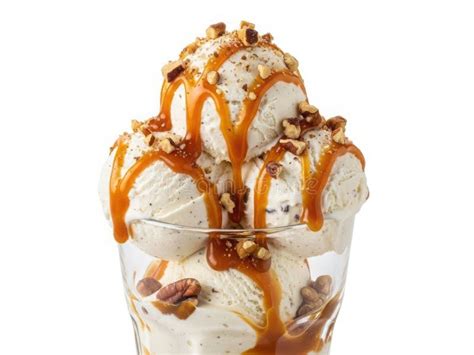 decadent ice cream sundae  caramel sauce  nuts isolated  white