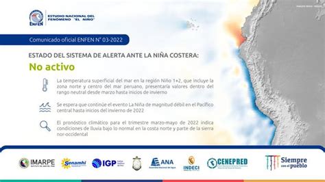 ENFEN cambió el estado del sistema de alerta de La Niña Costera a no