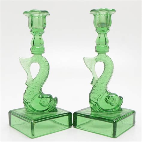 Green Glass Dolphin Candlesticks Attributed To Heisey Circa 1930s Ebth