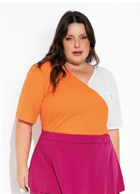 Blusa Laranja E Off White Com Bolso Plus Size Marguerite