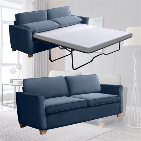 Mixoy Full Size 2 In 1 Blue Velvet Sleeper Sofa Bed With Pull Out Loveseat And Included Mattress