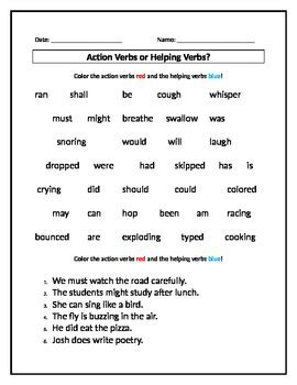 Main And Helping Verbs Worksheet