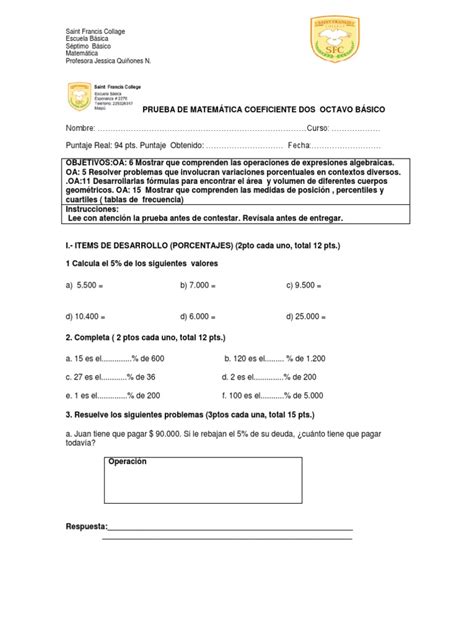 Prueba De Matematica Coef 2 Octavo Corregida Matemáticas Naturaleza Prueba Gratuita De 30