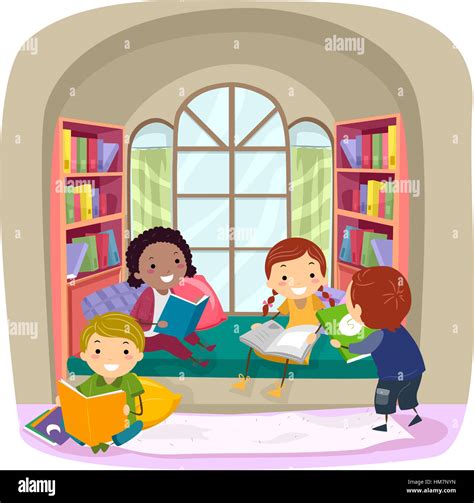 Stickman Illustration Of Children Reading Books In A Nook Stock Photo