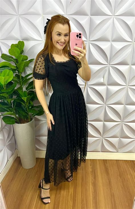 Vestido Tule Bolinha Guipper Longo Anast Sia Preto Milla Chic