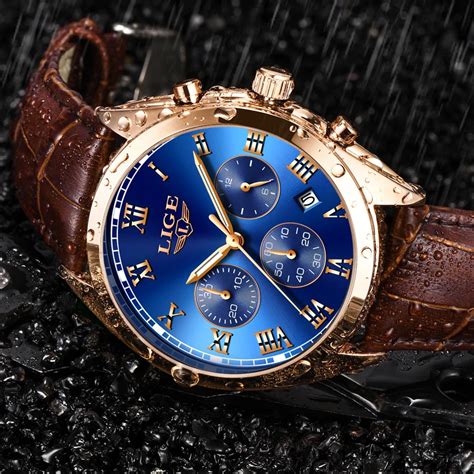 LIGE Mens Watches Top Brand Luxury Blue Watch Men Leather Waterproof