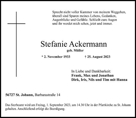 Traueranzeigen Von Stefanie Ackermann Rz Trauer De