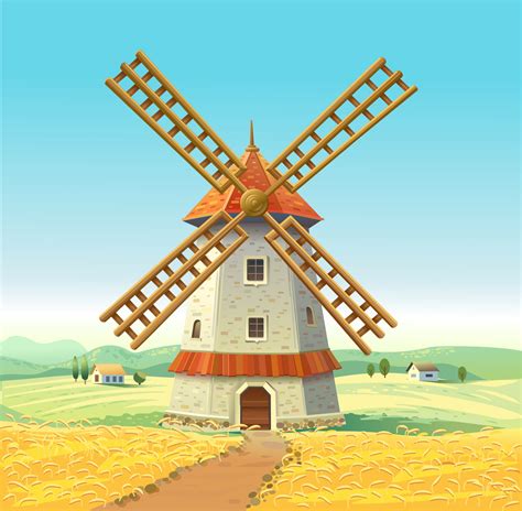 Mill on a sunny field. Wooden Mill. Wheat field. Vector illustration ...