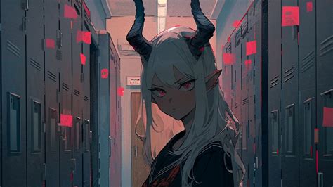 Wallpaper demon, horns, girl, room, anime hd, picture, image