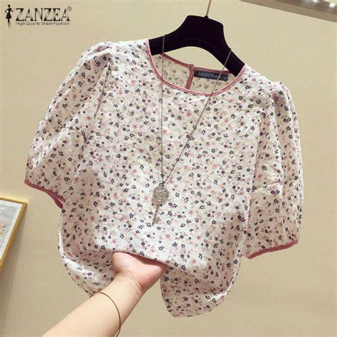 Zanzea Women S Blouse Vintage Casual Floral Lantern Sleeve Round Neck