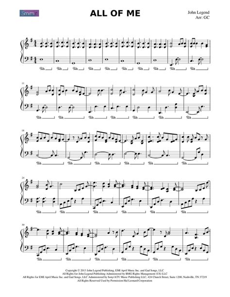 All Of Me John Legend Sheet Music For Piano Solo Easy