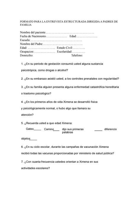 Formato Para La Entrevista Estructurada Dirigida A Padres De Familia