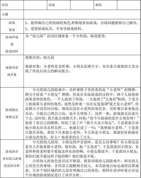 幼儿园自主性游戏观察计划、记录表word文档在线阅读与下载免费文档