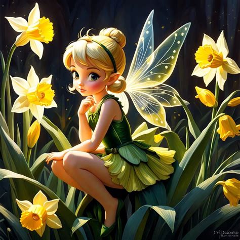 A Tiny Beautiful Fairy Disneys Tinkerbelle Sitting Inside A Daffodil