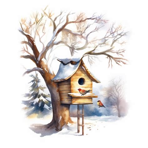 Premium Ai Image A Watercolor Painting Of A Birdhouse In The Snow