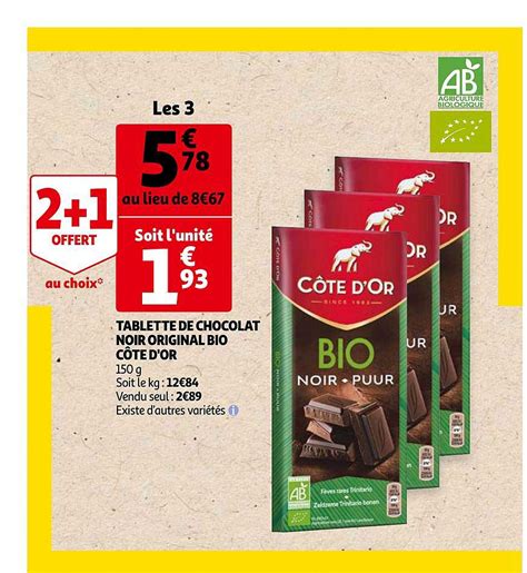 Promo Tablette De Chocolat Noir Original Bio Côte D or chez Auchan