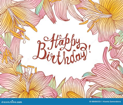 Happy Birthday Card With Lily Flowers Stock Vector Illustration Of