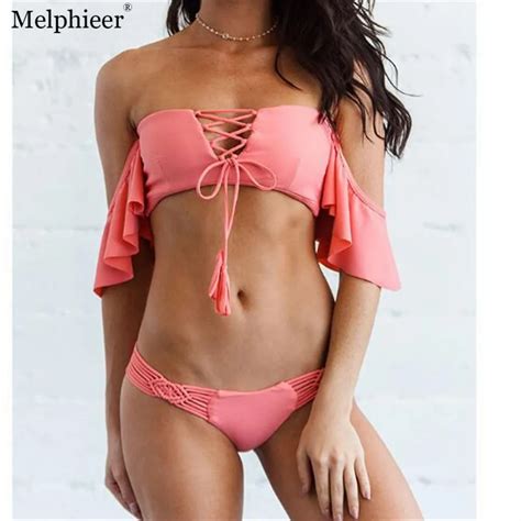 Chest Lace Bandeau Bikini Ruffle Bikinis 2018 Short Sleeved Off