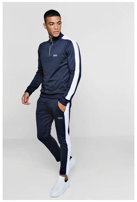 Funnel Neck Contrast Panel Man Tracksuit Boohoo Mens Tracksuit