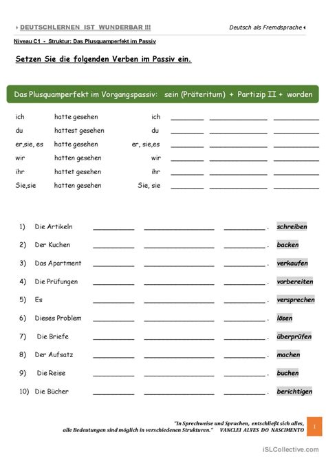 C1 Das Plusquamperfekt im Passi Deutsch DAF Arbeitsblätter pdf doc