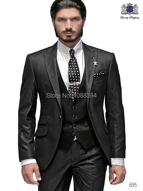 Shiny Black Men Suits Tuxedos For Men Peak Lapel Men Wedding Suits