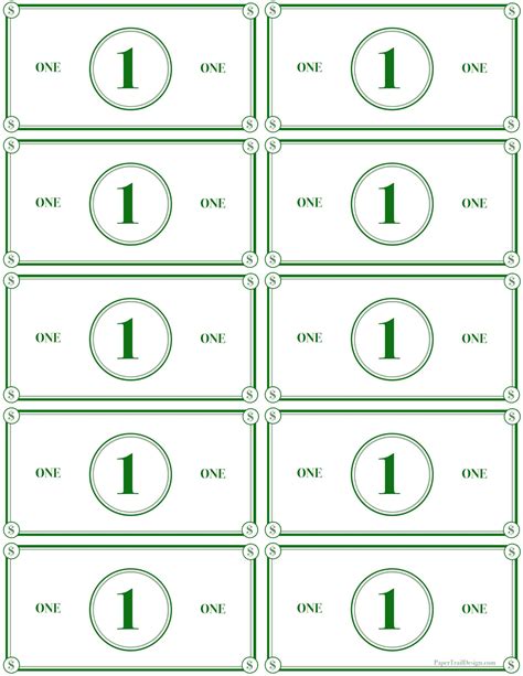 Print This Page Of One Dollar Play Money Fake Money Printable