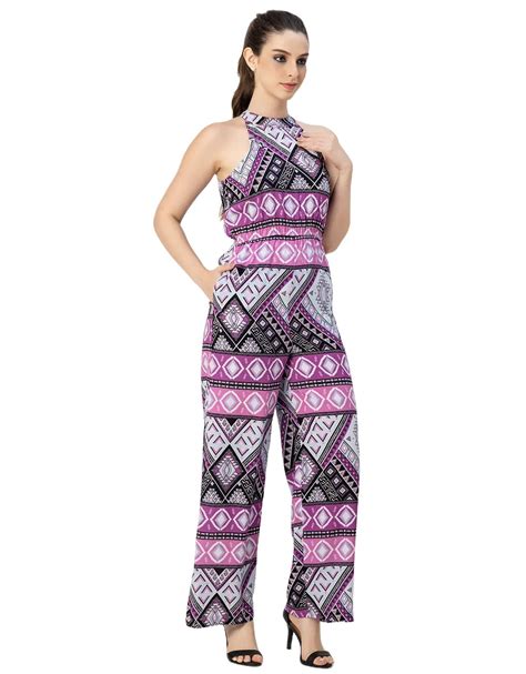 Moomaya Halter Neck Full Leg Printed Rayon Jumpsuit Women S Summer