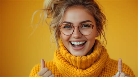 Premium Photo A Joyful Young Woman In A Yellow Sweater Gives Two