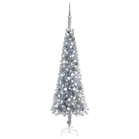 Arbre de Noël mince avec LED et boules Argenté 210 cm