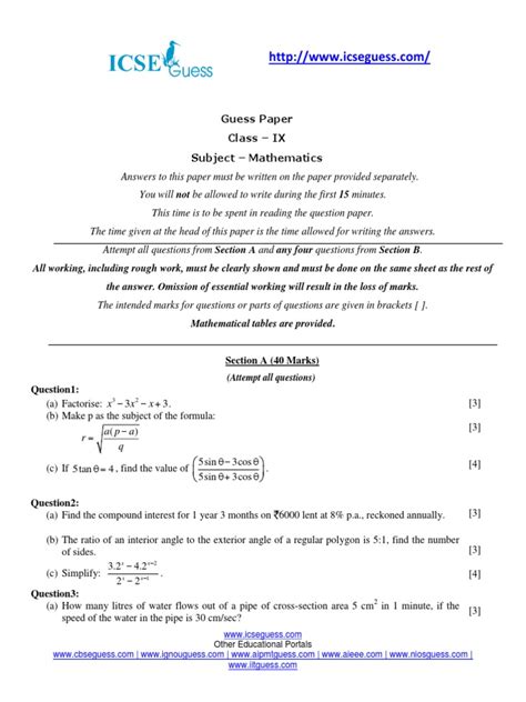 Icse Class 9th Sample Question Paper Elementary Geometry Geometry