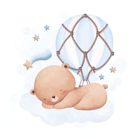 Premium Vector Watercolor Illustration Baby Bear Sleeps On Cloud With Blue Hot Air Balloon And