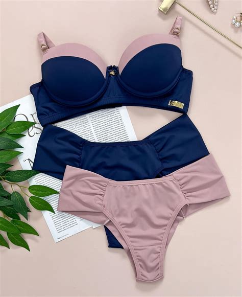 Conjunto De Lingerie Bicolor Pe As Nude Azul Marinho Dolce Pecado