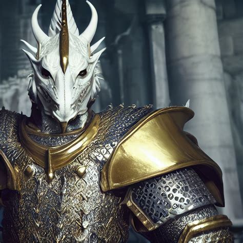 Prompthunt Portrait Of Male White Dragonborn In Shiny Gold Plate Armor